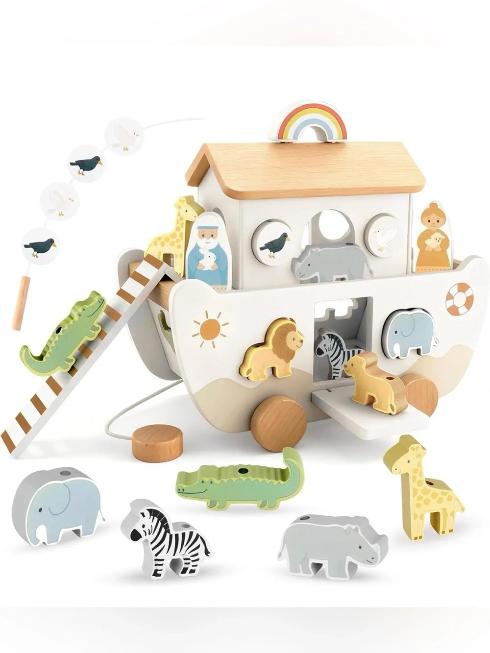 Wooden Noah's Ark Pull-Along Toy with Animal Figures - White & Natural